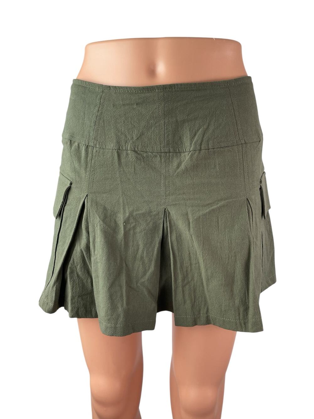 Kirious Women's Green High Rise Pleated Mini Flare A-Line Cargo Skort Skirt Sz S